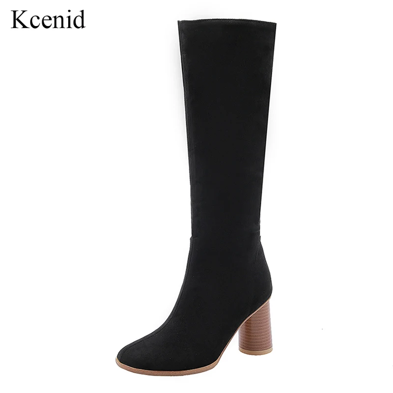 

Kcenid Plus size 34-48 2019 new shoes women boots black knee high boots round high heel female autumn winter lady boots zipper