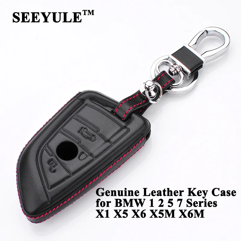 

1pc SEEYULE Genuine Leather Car Key Case Key Shell Cover Storage Bag Protector for BMW 1 2 5 7 Series X1 X5 X6 X5M X6M