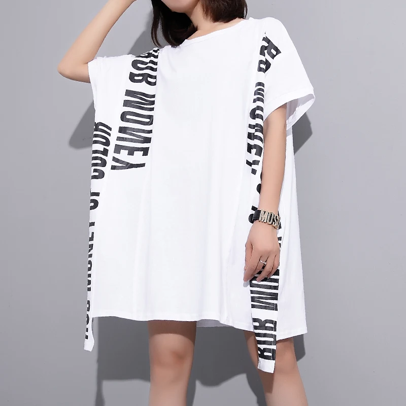 white QING MO, женское платье с буквенным принтом и лентой, черное, белое, женское платье с круглым вырезом и коротким рукавом, женское летнее платье до колена размера плюс ZQY403 - Цвет: white