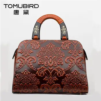 

Famous brand top quality Cow Leather women bag Ethnic original hand bag and China Wind embossed shoulder bag Shell bag