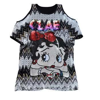

Sweet Ladies Summer New Fashion Cartoon T Shirt Slim Off Shoulder Bat Sleeve Femme Sequins Tshirt Tops Women Casual Loose Tees