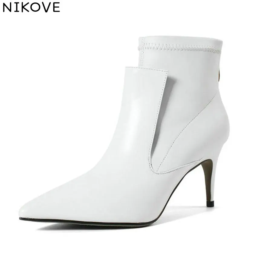 

NIKOVE 2019 Women Thin High Heels Boots Shoes Sexy Zipper Cow Leather PU Ankle Boots Pointed Toe Autumn Shoes Boots Size 34-43