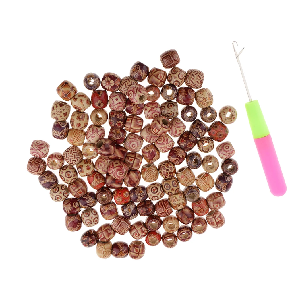Professional Hair Latch Crochet Hook Needle with 100pcs Wood Dreadlocks Cuffs Dread Hook Braiding Weaving Beads Decoration Tool