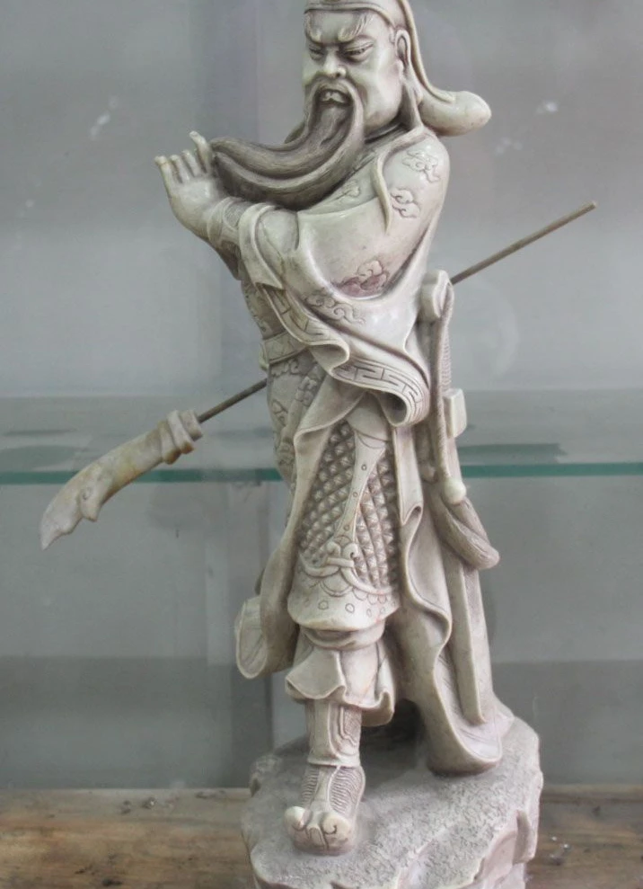 

25" Chinese Natural Shoushan Stone Dragon Guangong Guan Yu Gong God Sword Statue