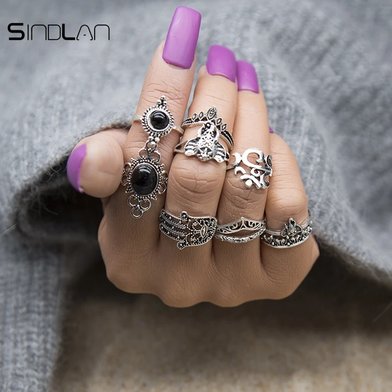 

Ethnic Wind Wedding 10pcs / Set Jewelry Bohemian Elephant Hollow Hand Of Fatima Vintage Black Resin Crown Knuckle Ring For Women
