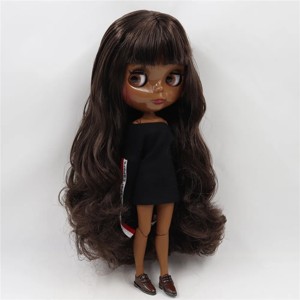 Neo Κούκλα Blythe με καστανά μαλλιά, μαύρο δέρμα, λαμπερό πρόσωπο & εργοστασιακό ενωμένο σώμα 2
