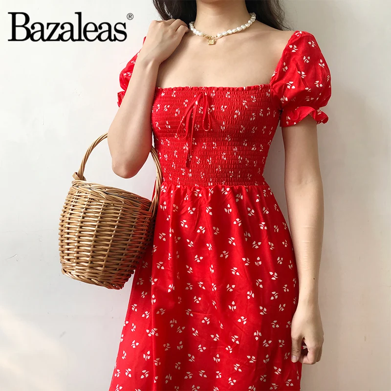 

Bazaleas Vintage Puff Sleeve vestido Red Floral Print women dress Square Collar party dress Center Bow Summer Dress drop shippin