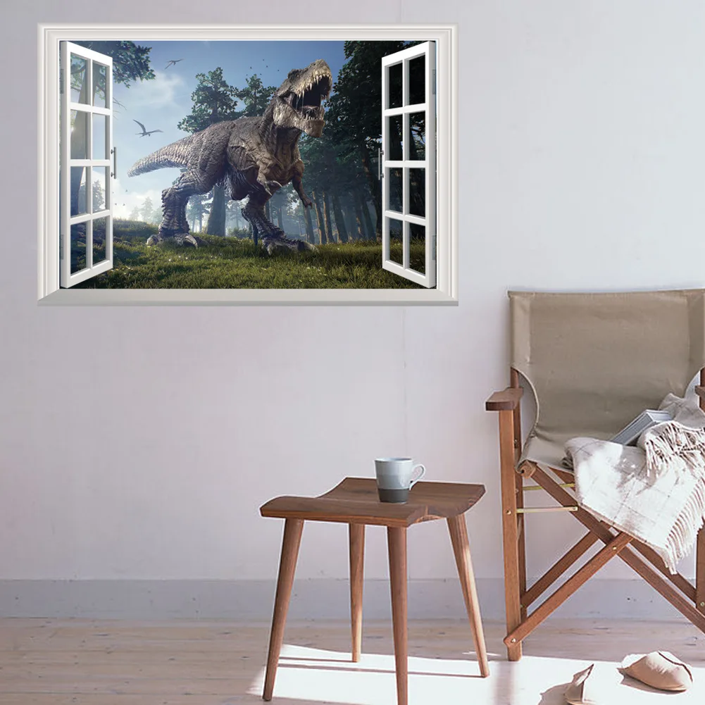 

48.5*72cm Creative 3D Dinosaur Wall Sticker 3D Fake Window Wall Sticker Wall Decorations Living Room Room Decoration PVC