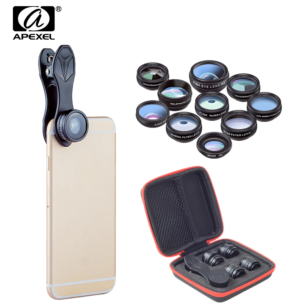 APEXEL 10в1 HD 2X телескоп линзы Рыбий глаз широкоугольный Макро Lentes для iphone 6s 7 8 X