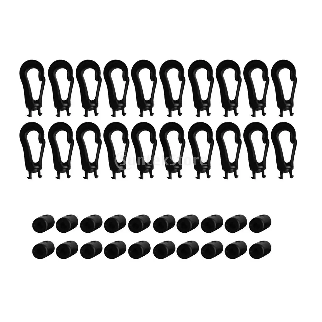 5mm 10m Black Round Stretch Bungee Rope Shock Cord Tie Down & 20pc Elastic Cord Hooks Ends for Roof Racks Boats Trailers