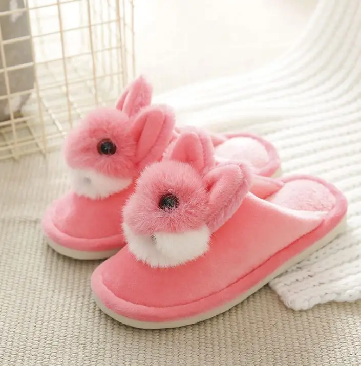 kids home shoes slippers girls cartoon rabbit indoor slippers children cotton slippers winter/auutmn baby warm shoes cute velvet - Цвет: watermelon red