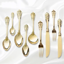 Conjunto de cena de lujo dorado Vintage cubertería enchapada en oro occidental conjunto de tenedor y cuchillo Vintage de cocina sin tracción