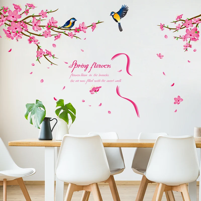 

[SHIJUEHEZI] Chinese Style Plum Flower Blossom Wall Stickers Pink Flores Birds Wall Decals for Living Room Home Decor Sticker