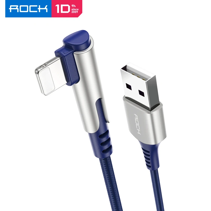 ROCK USB кабель для Apple 2.4A кабель для быстрой зарядки цинковый сплав 90 градусов для Apple iPhone 8 7 6 5 X XS Max XR iPad кабель для синхронизации данных - Цвет: 1m Blue