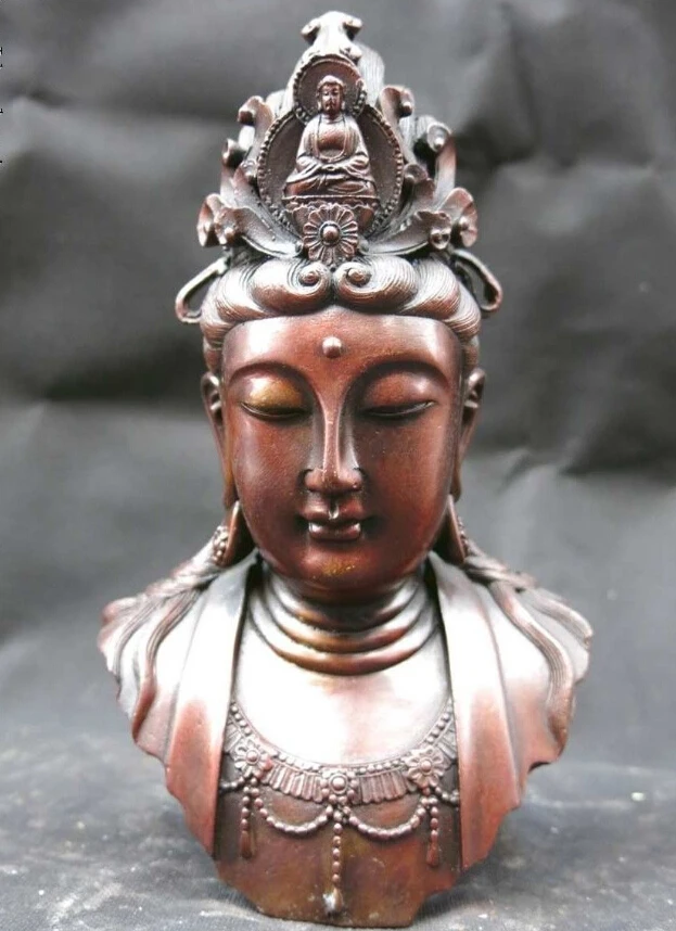 

$old craft$ 8' Chinese red copper beautifully Kwan-yin Bodhisattva buddha caput statue (A0314)