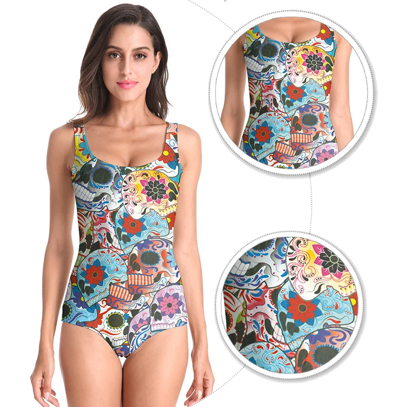 

New Arrival Hot Style Beach Wear Day of The Dead Skull Printed Bathing Suit Women Swimwear Swimwear Women One Piece Bathing Suit