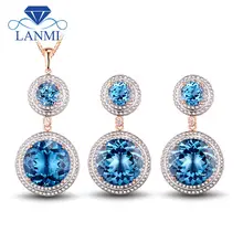 Fine Jewelry: Fantastic Blue Topaz Ring Earrings Pendant In Solid 14Kt Rose Gold Beauty Wedding Sets