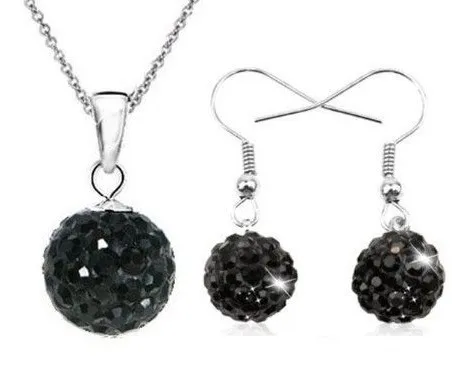 

Lowest Price!10mm Clay Mixed black MOW Micro Pave Disco Ball Silver Plated Earrings Necklace set jewelry crystal