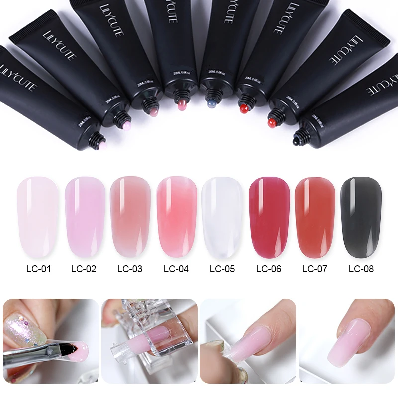 LILYCUTE 20 مللي سريعة التمديد بولي الأشعة فوق البنفسجية هلام الوردي الأبيض واضح كريستال LED الاكريليك منشئ نصائح هلام مسمار الفن هلام