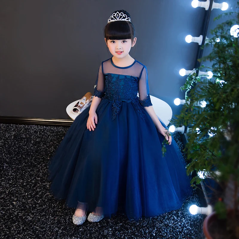 

Appliques Summer Girl's Dress Ball Gown Blue Princess Dresses O-neck Lace Flower Girl Dress For Party Kids Pageant Gowns AA15