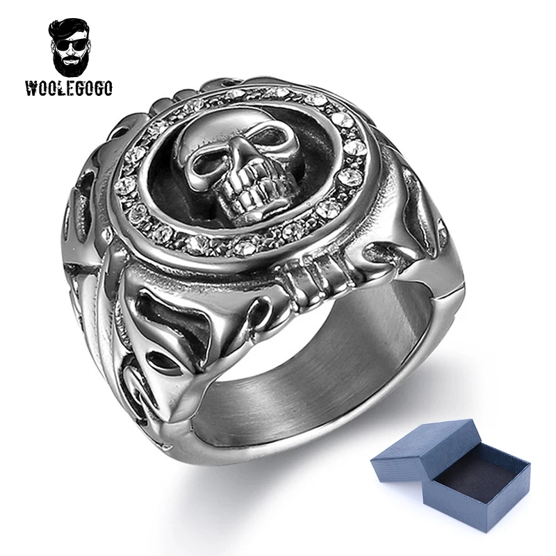 Punk Skull Rings Mens Stainless Steel Rhinestone Decoration Silve Ring for Man Cool Skeleton CZ Biker Rings Men Jewelry Bagues