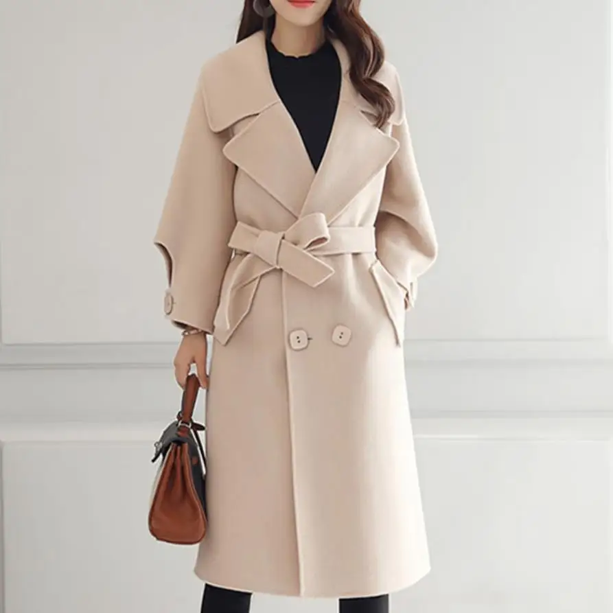 

2019 Winter Cassic double breasted Woolen Long Coat With Belt Casual wool blends coat