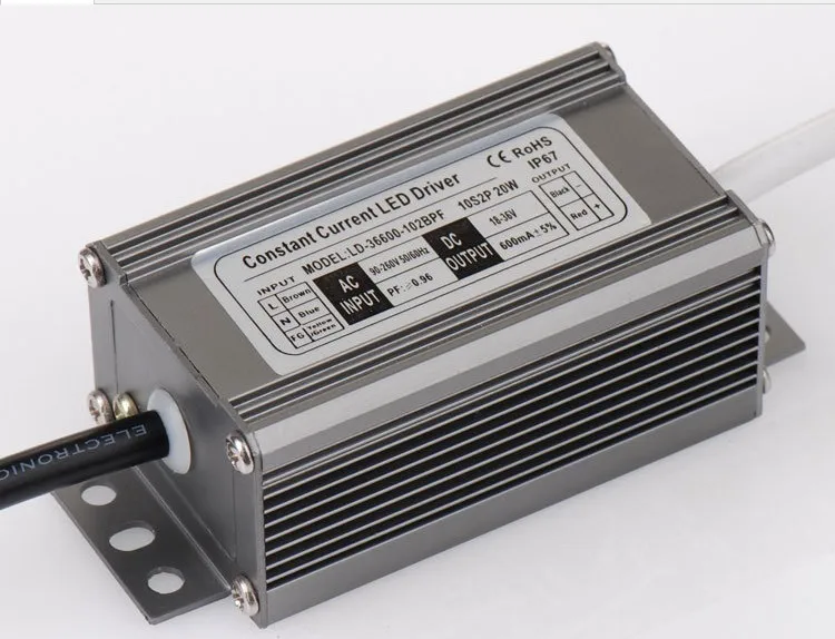 

100ps 20W LED Driver Power Supply 0.6A Waterproof IP67 Aluminum Material Output DC 18-36V w/White retail box Free fedex Shipping