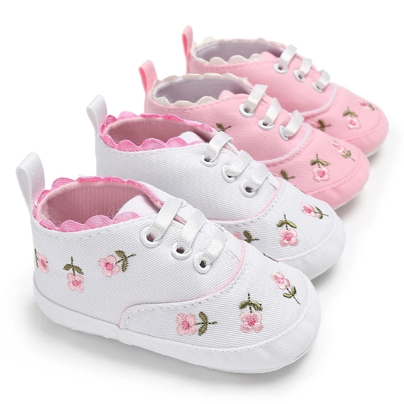 

Baby Girls Shoes Kid Shoes Lace Floral Embroidery First Walker Toddler Lace-Up Sneakers