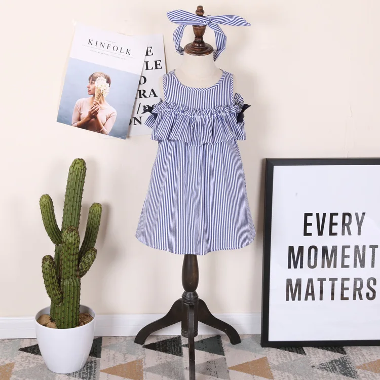 ; летнее платье в полоску с оборками для девочек; милое детское голубое платье с пышными рукавами в западном стиле; праздничные платья для маленьких девочек