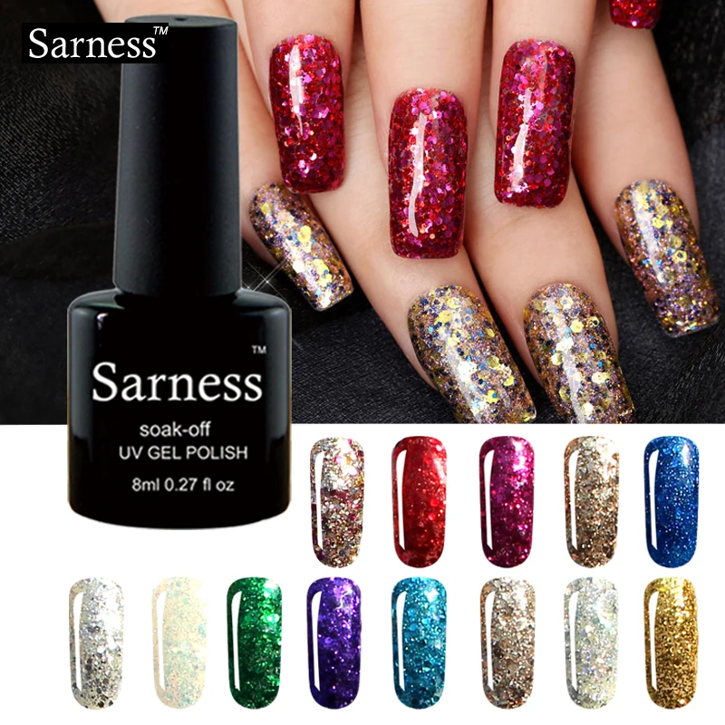 Sarness 3D Diamond Glitter UV Nail Gel Polish Led Lacquer 8ML Base and Top Varnish Lucky Bling Soak Off Sequin Art | Красота и