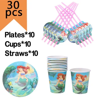 

30pcs Cartoon Little Mermaid Disposable Tableware Set Cups Plates Straws Mermaid Birthday Party Decorations Kids Girl Supplies