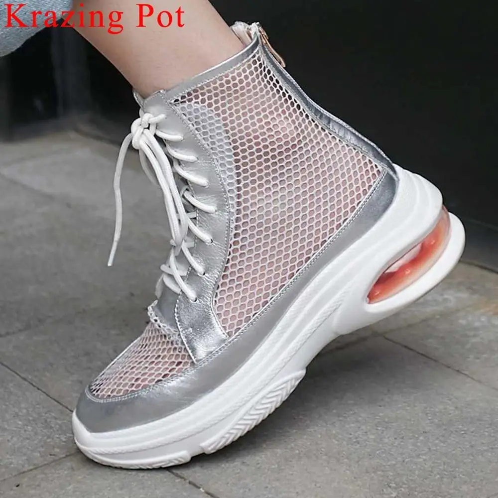 

Krazing Pot breathable air mesh European designer metal zipper round toe high heels ankle boots handsome girls summer boots L17