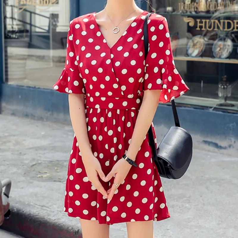 

New Ladies Playsuits Women Wave Point Printed Rompers Playsuits V-Neck Chiffon Short Jumpsuit Summer Overalls Women's Jumpsuit