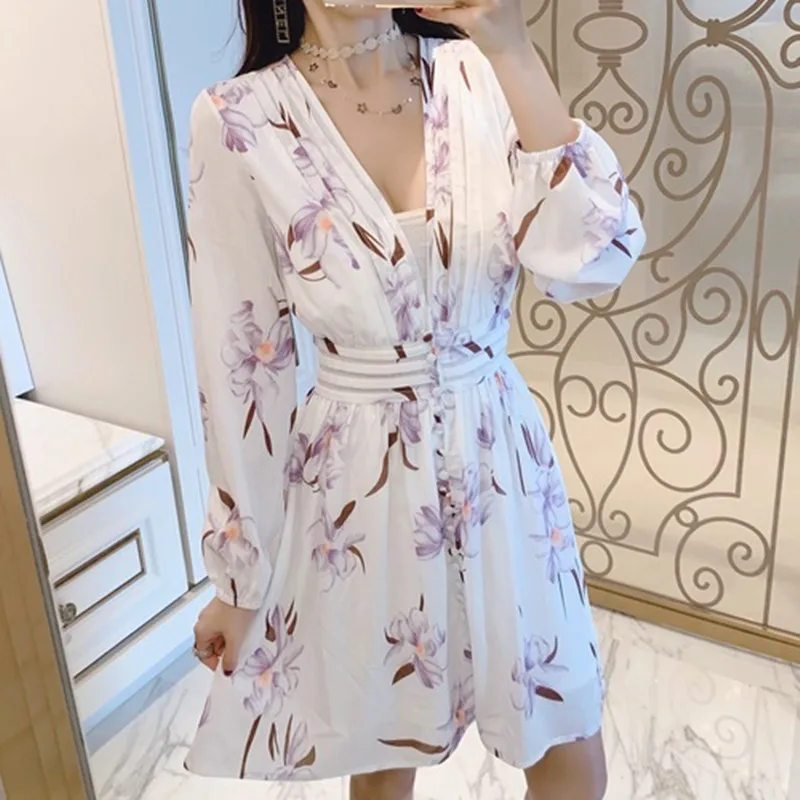 

HIGH QUALITY ZIM Runway Dress Women 2019 Spring Sexy V Neck Floral Printed Ruffles Long Sleeve Dress Female Mini Party Dresses