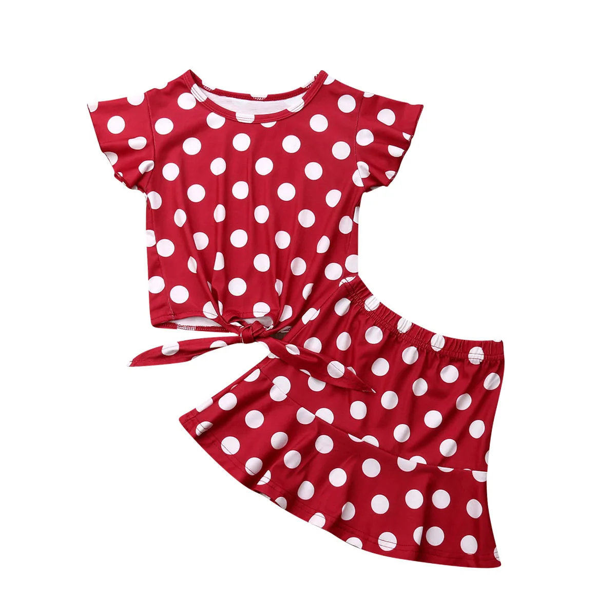 Комплект летней одежды из 2 предметов для маленьких девочек футболка в горошек с оборками и рукавами+ юбка трапециевидной формы милые комплекты принцессы - Цвет: Красный