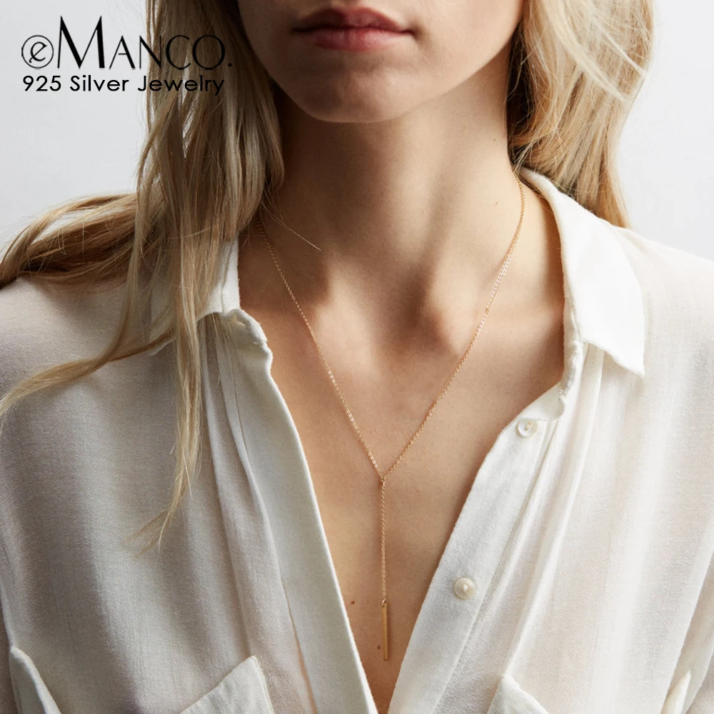 

e-Manco 925 Silver Pendant Necklace for Women Long Stick Sterling Silver Choker Necklaces Link Chain Fine Jewelry Girl Gifts