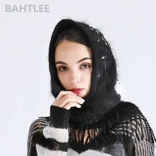 BAHTLEE 秋冬女性のアンゴラウサギターバンヒジャーブポンチョ三角ショールスカーフリアルファーラップニットマント岬(China)