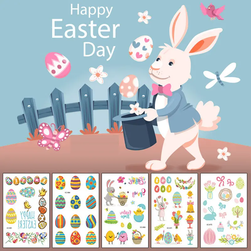 

10Pcs/Lot Cartoon Rabbit Eggs Tattoo Stickers Toys Different Pattern Temporary Stickers Flowers DIY Makeup Toy Kids Easter Gifts