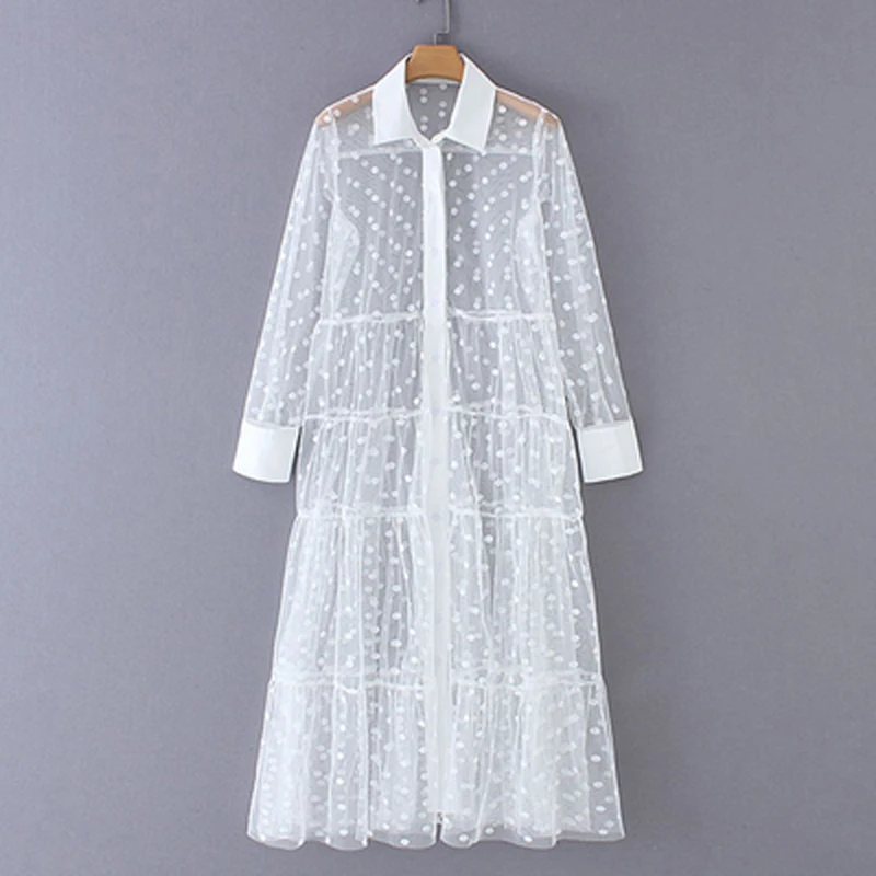 See Through Polka Dot Lace Long Blouses Shirts Women Beach Dress Cover Up Turn Down Collar Transparent Party Shirts - Color: White