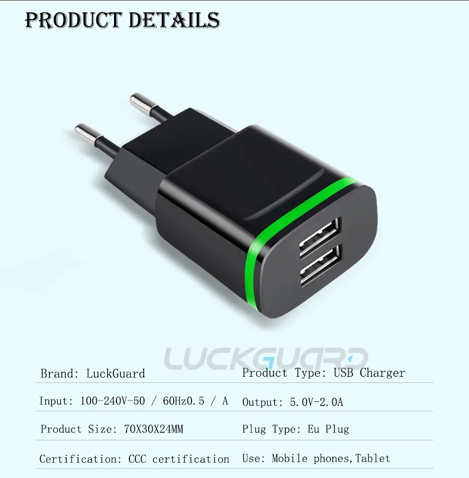 LuckGuard, USB зарядное устройство, штепсельная вилка европейского стандарта, 5 В, 4 порта, светодиодный светильник для путешествий, настенное зарядное устройство, адаптер для зарядки iPhone X, XS, MAX, 8, 7, samsung, S9, S8