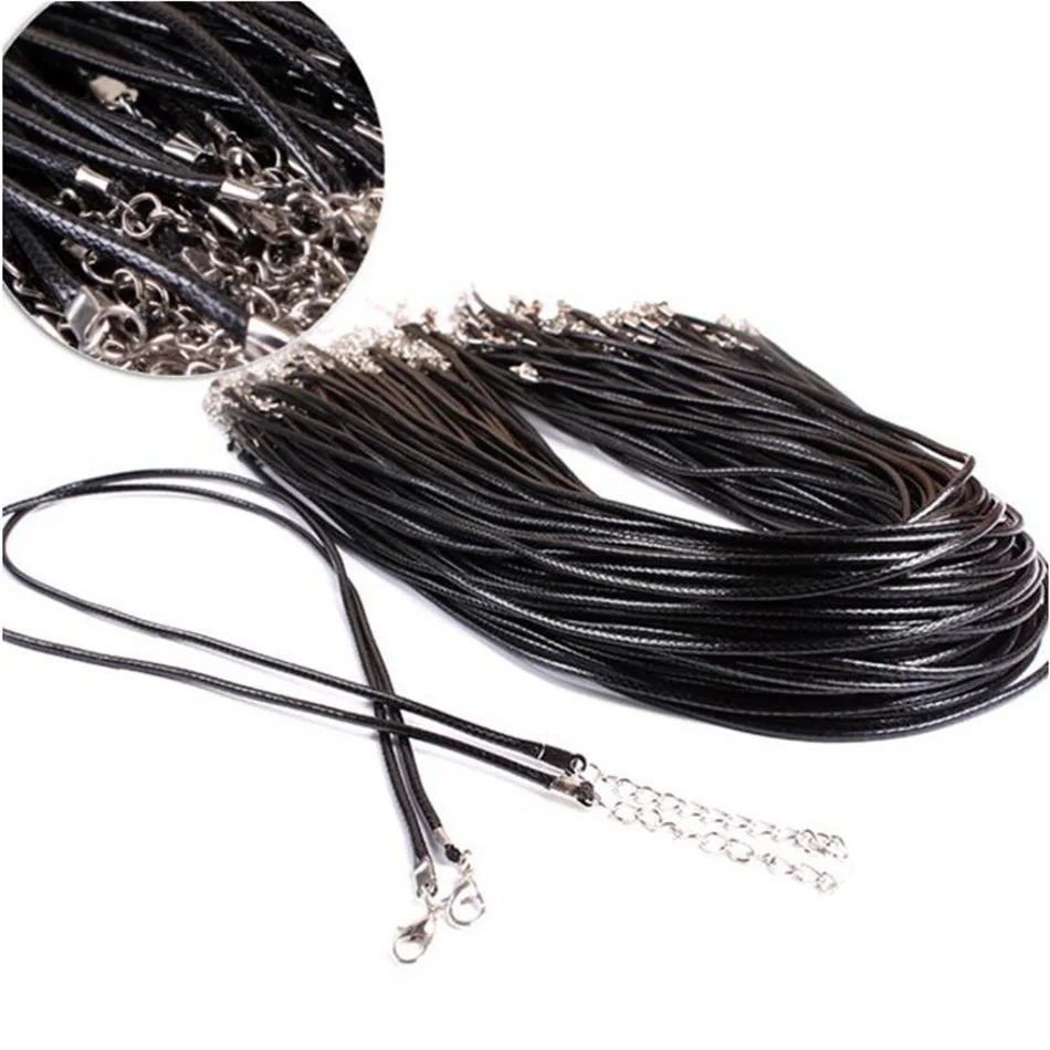 

10PCS Waxed Cotton 2mm 1.5mm Wax Cord Thread Black Necklace Cords 45cm with 5cm extended chain Jewelry chain necklace cord