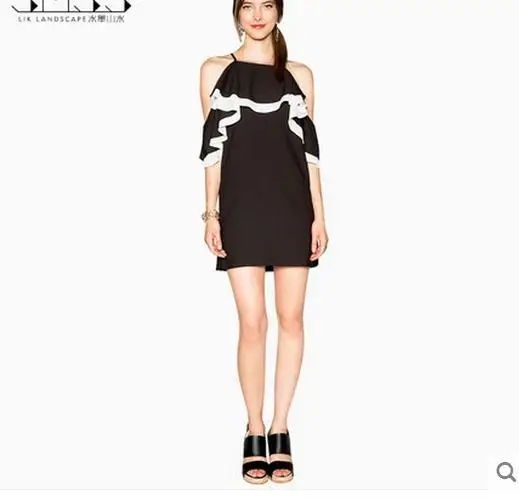 new black white stitching straps strapless A-line dress flouncing fifth sleeve | Женская одежда