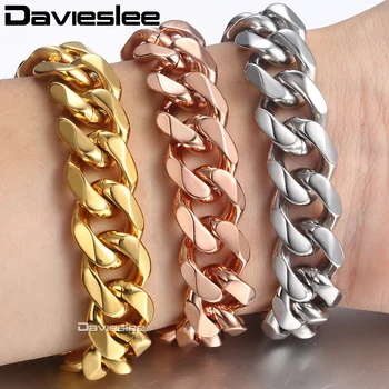 

Davieslee Bracelets For Men Rose Gold Silver Color Curb Cuban Link Chain Stainless Steel Men Bracelet 2018 Jewelry 14mm LKBM25