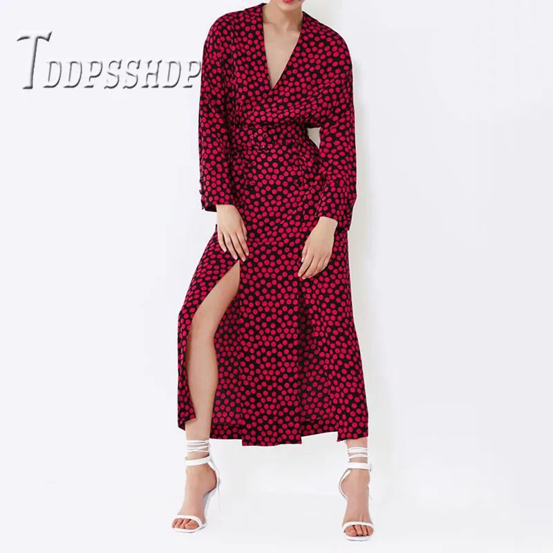 

Red Polka Dot Printing Women Dress 2019 V Neck Slit Female Dresses