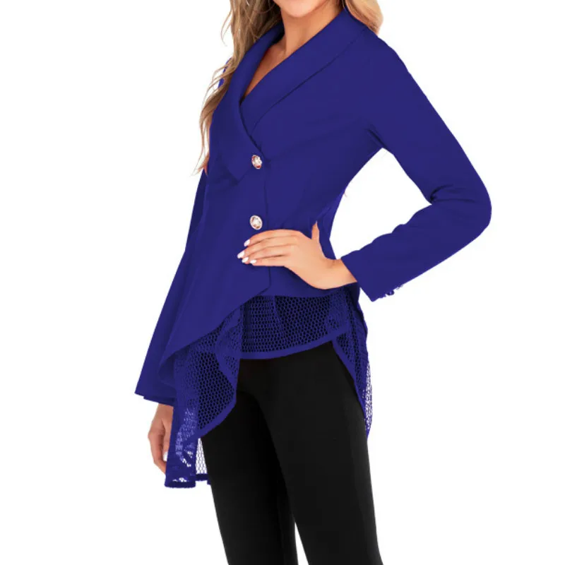 S-3XL Women New Mesh Hem Fashion Work Office Suit Fashion Long Sleeve V Neck Formal Red Black Elegant Office Lady Blazers Top