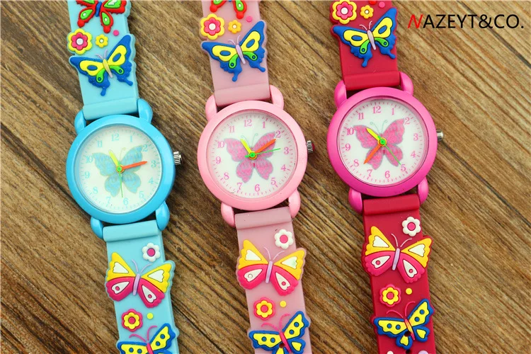 Children lovely children in 3 d shell color scale quartz watch oil pupil butterfly silicone wrist watch