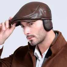 Черная, коричневая Осенняя мужская бейсбольная Кепка из натуральной воловьей кожи, натуральная кожа, газетный берет, зимняя теплая Кепка, мужские шапки с ушками