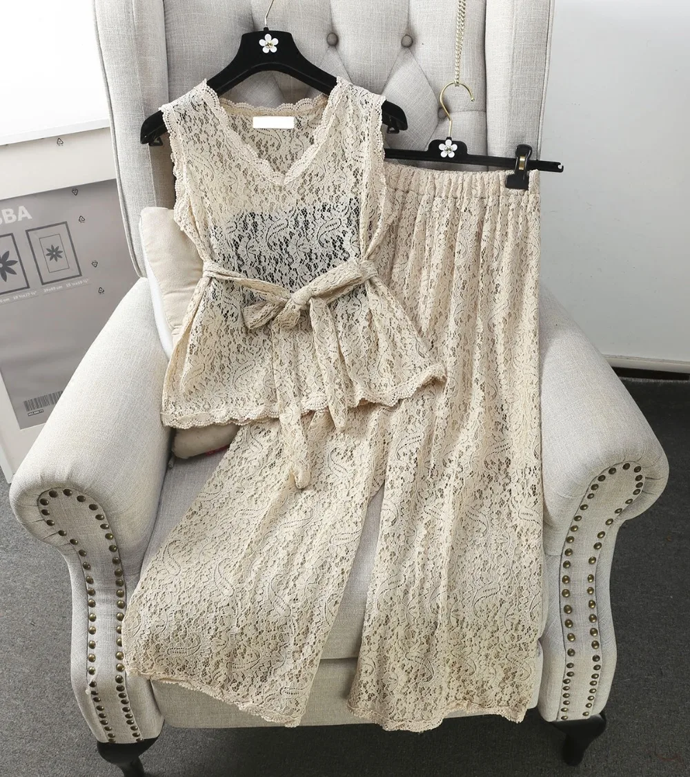 2017 Women Lace Vest+Wrapped Chest+Pants 3PCS Sets V Neck Sashes Vests Wide Leg Pant Woman Solid