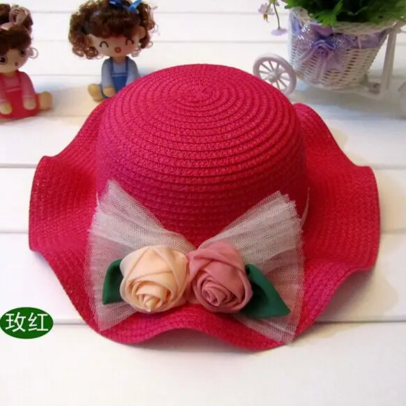 Шляпы широкополые для женщин для девочек Летняя мода дети flouncy соломенная шляпа две розы шелк бутона шапки - Цвет: Rose red