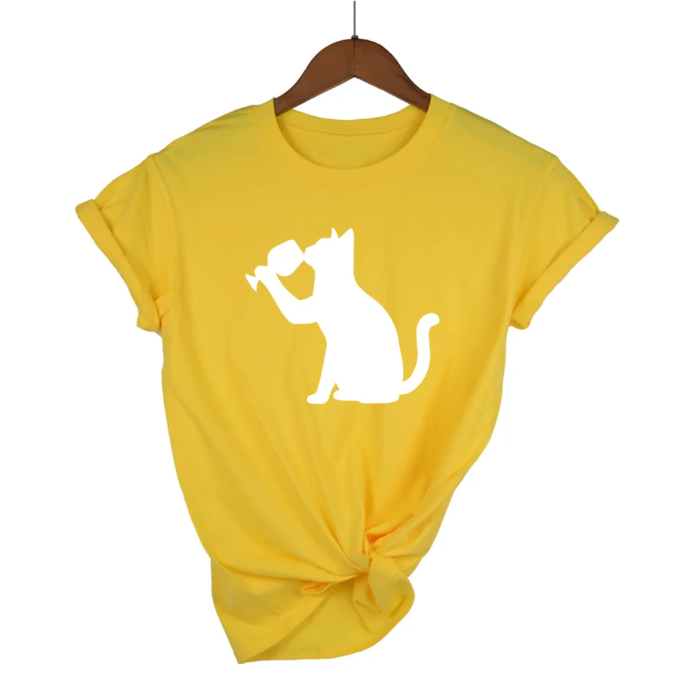 Высокое качество хлопок летняя модная женская футболка напиток кошка футболка с коротким рукавом o-образным вырезом Повседневная Большие размеры - Цвет: Yellow-W